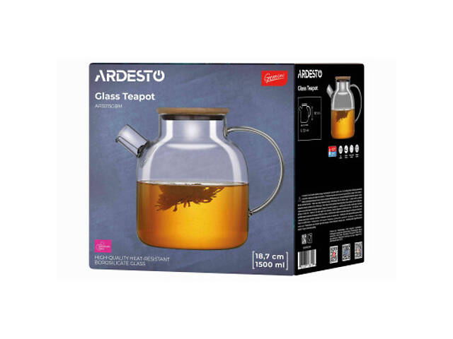 Заварник Ardesto Gemini боросилікатне скло бамбук прозорий 1500мл (AR3015GBM) - Фото 3