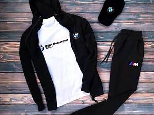 Зиппер + штаны + белая футболка + черная кепка лого BMW