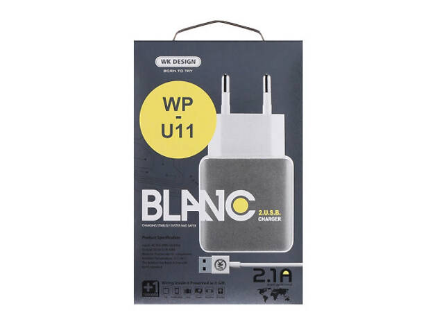 ЗУ сетевое евровилка Blanc WP-U11 2USB 2.1A кабель microUSB Black WK 340054 - Фото 2