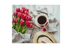 Алмазная мозаика 'Чашка кофе и розовые тюльпаны' Brushme DBS1048 40х50 см