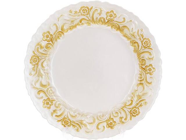 Блюдо сервировочное 33см, подставная тарелка, стекло, белое с золотым узорным кантом