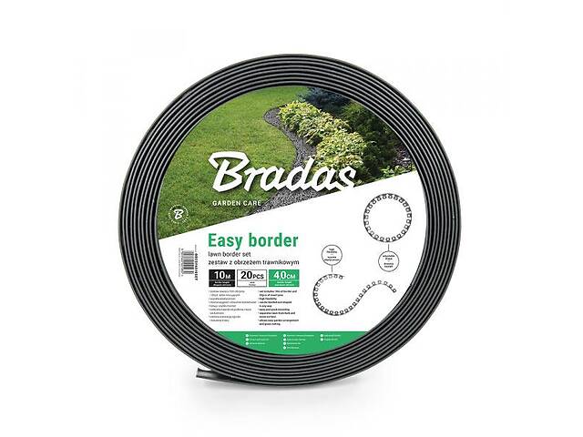 Бордюр газонный 40мм х 10м с комплектом кольев EASY BORDER графит Bradas