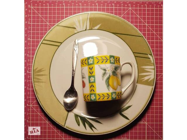 чашка керамика восьмиугольник кофейная и ложка сталь, тарелка десертная зеленый набор