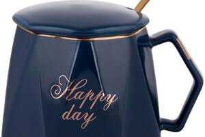 Чашка с крышкой и ложкой Кофейное утро Blue Happy Day 420мл DP218637 BonaDi