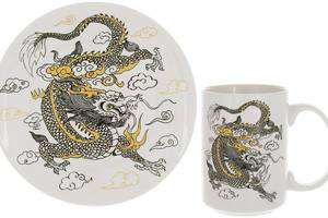Чайная фарфоровая пара 'Дракон на белом' кружка 500мл, тарелка Ø20см