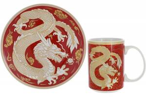 Чайная фарфоровая пара 'Золотой Дракон на красном' кружка 500мл, тарелка Ø20см
