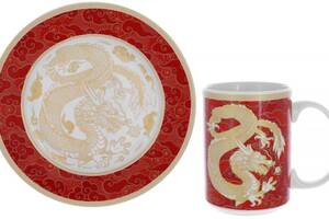Чайная пара 'Золотой Дракон на красном' кружка 500мл, тарелка Ø20см, фарфор
