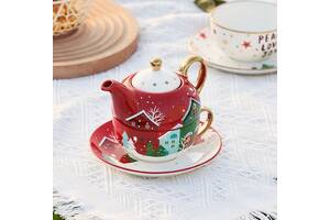Чайный набор новогодний заварник и чашка с блюдцем Christmas 9527 3 предмета