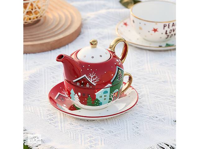 Чайный набор новогодний заварник и чашка с блюдцем Christmas 9527 3 предмета