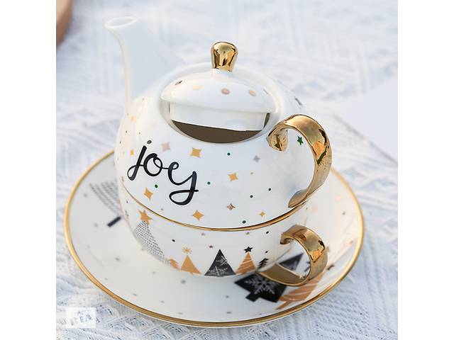 Чайний набір новорічний заварник і чашка з блюдцем Joy 9524 3 предмети