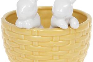 Декоративное кашпо 'Кролики в корзинке' 14х13.5х15.2см, желтый с белым