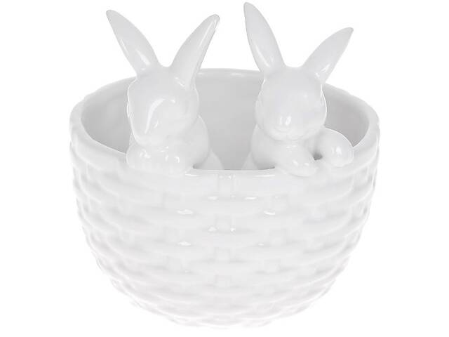 Декоративное кашпо 'Кролики в корзинке' 14х13.5х15см, керамика, белый