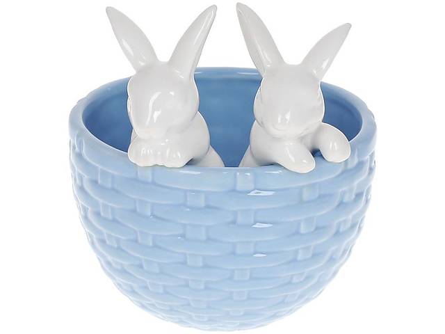 Декоративное кашпо 'Кролики в корзинке' 14х13.5х15см, керамика, голубой с белым