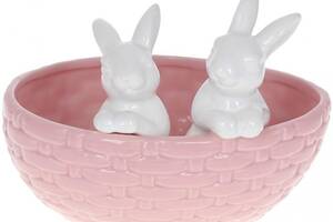 Декоративное кашпо 'Кролики в корзинке' 20х15х14.5см, керамика, розовый с белым