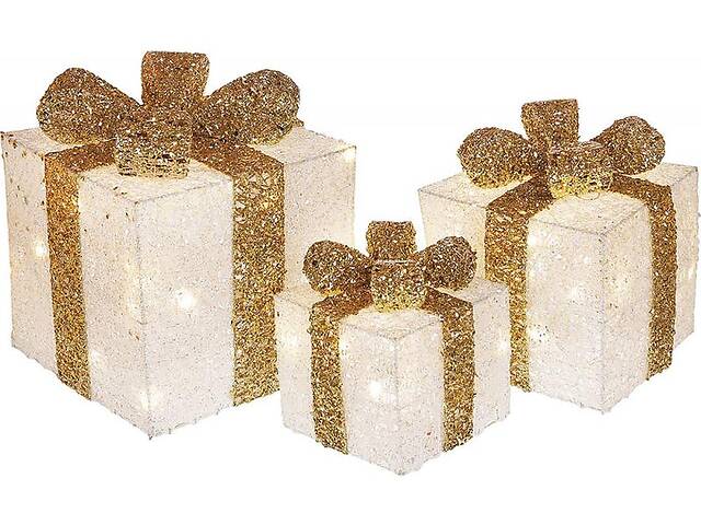 Декоративные подарки с подсветкой под елку (3 шт бело-золотистые) 20см 25см 30см BonaDi DP219494