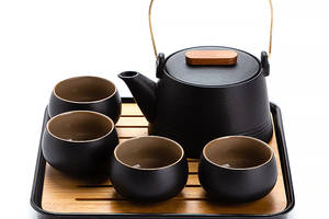 Дорожный китайский набор Lesko Black для чайной церемонии пуэра керамический с чехлом из 6 предметов