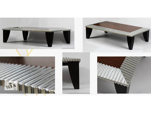 Дизайнерский кофейный столик из дерева с серебром.
