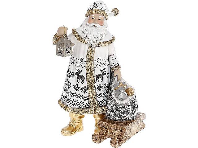 Фигура декоративная 'Санта Клаус с фонарем, мешком и санками' 24.5см, белый с золотом