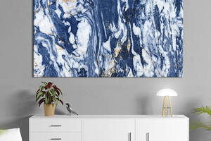 Картина абстракция для офиса KIL Art Бело-синий мрамор с вкраплениями золота 75x50 см (1092-1)