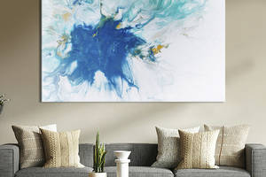 Картина абстракция для офиса KIL Art Морской синий цвет разливается на белом фоне 75x50 см (1109-1)