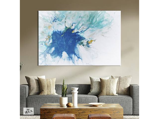Картина абстракция для офиса KIL Art Морской синий цвет разливается на белом фоне 51x34 см (1109-1)