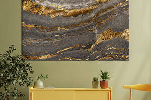Картина абстракция для офиса KIL Art Золотые разводы на пепельном мраморе 122x81 см (1071-1)