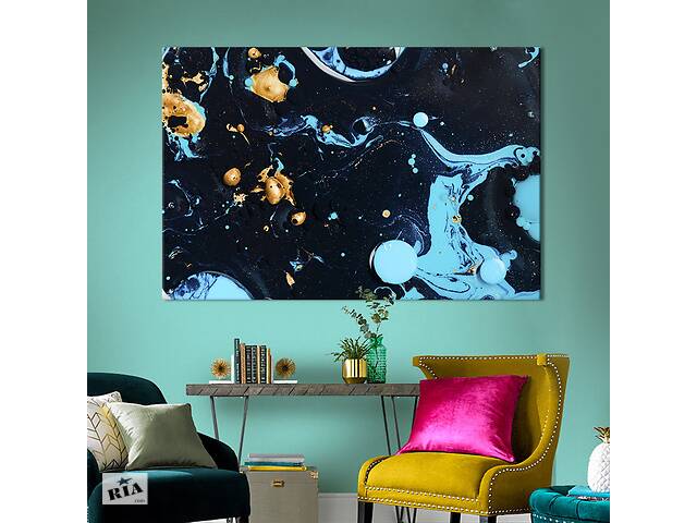 Картина абстракция для офиса KIL Art Золотистые и голубые пятна на черном 75x50 см (1208-1)