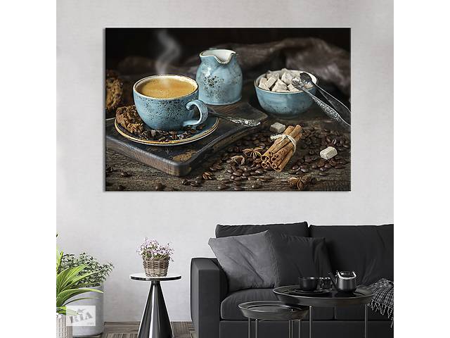 Картина для кухни KIL Art Черно-голубая чашка с кофе и десертом 122x81 см (1618-1)