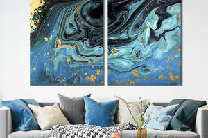 Картина диптих на холсте KIL Art для интерьера в гостиную Абстракция тёмные волны на мраморе 111x81 см (51-2)