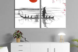 Картина диптих на холсте KIL Art для интерьера в гостиную Японская графика старик в лодке с утками 71x51 см (517-2)