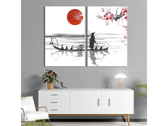 Картина диптих на холсте KIL Art для интерьера в гостиную Японская графика старик в лодке с утками 165x122 см (517-2)