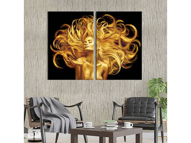 Картина диптих на холсте KIL Art для интерьера в гостиную Золотая девушка с пышными волосами 71x51 см (534-2)