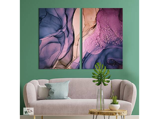 Картина диптих на холсте KIL Art для интерьера в гостиную Волнистая цветная абстракция 71x51 см (54-2)