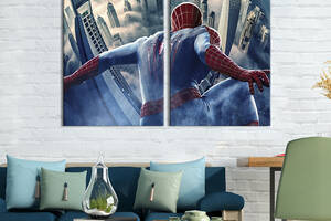 Картина диптих на холсте KIL Art для интерьера в гостиную Человек-паук над туманным городом 111x81 см (648-2)