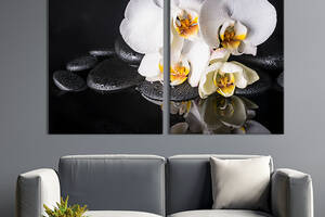 Картина диптих на холсте KIL Art для интерьера в гостиную спальню Белые орхидеи на плоских камнях 111x81 см (68-2)