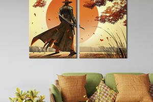 Картина диптих на холсте KIL Art для интерьера в гостиную спальню Самурай и восточное солнце 71x51 см (684-2)