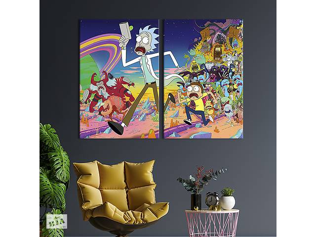 Картина диптих на холсте KIL Art для интерьера в гостиную спальню Рик и Морти и инопланетяне 111x81 см (736-2)