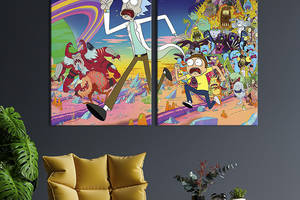 Картина диптих на холсте KIL Art для интерьера в гостиную спальню Рик и Морти и инопланетяне 71x51 см (736-2)
