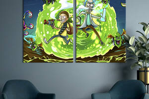 Картина диптих на холсте KIL Art для интерьера в гостиную спальню Рик и Морти против пришельцев 111x81 см (737-2)