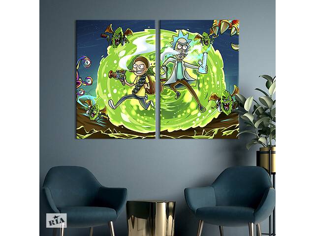 Картина диптих на холсте KIL Art для интерьера в гостиную спальню Рик и Морти против пришельцев 111x81 см (737-2)