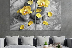 Картина диптих на холсте KIL Art для интерьера в гостиную спальню Лепестки орхидеи на дзен-камнях 111x81 см (75-2)