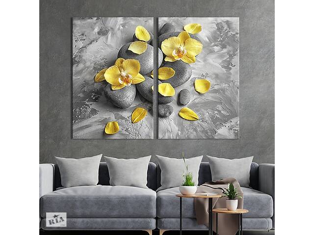 Картина диптих на холсте KIL Art для интерьера в гостиную спальню Лепестки орхидеи на дзен-камнях 111x81 см (75-2)