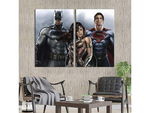 Картина диптих на холсте KIL Art для интерьера в гостиную спальню Бэтмен, Супермен и Чудо-женщина 111x81 см (765-2)