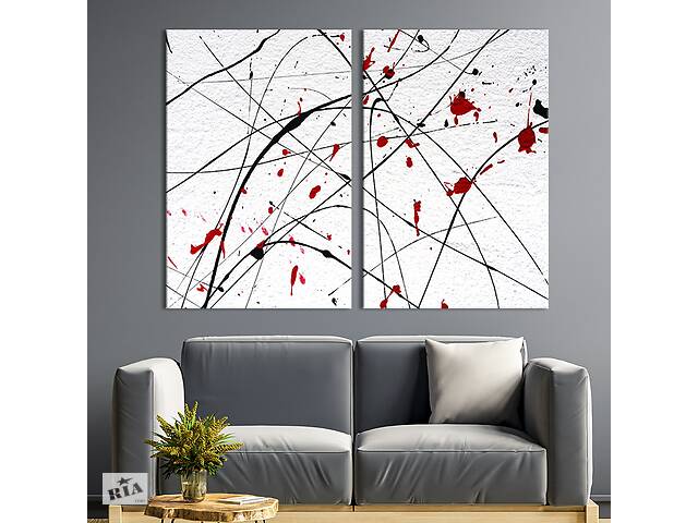 Картина диптих на холсте KIL Art для интерьера в гостиную спальню Чёрные линии и пятна красной краски 71x51 см (9-2)