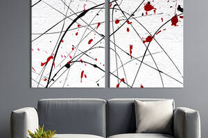 Картина диптих на холсте KIL Art для интерьера в гостиную спальню Чёрные линии и пятна красной краски 165x122 см (9-2)
