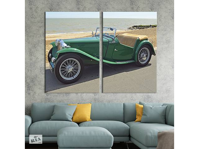 Картина диптих на холсте KIL Art для интерьера в гостиную спальню Зелёный автомобиль MG T-type 111x81 см (99-2)
