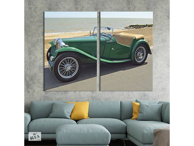 Картина диптих на холсте KIL Art для интерьера в гостиную спальню Зелёный автомобиль MG T-type 71x51 см (99-2)