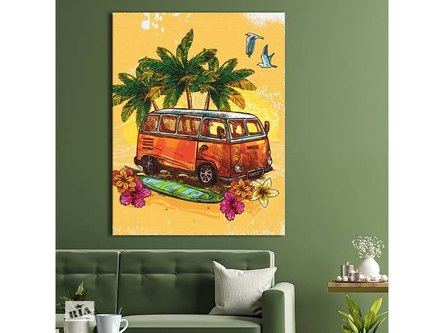 Картина KIL Art для интерьера в гостиную спальню Автомобиль - Яркий автобус у пальмы 80x60 см (P0425)
