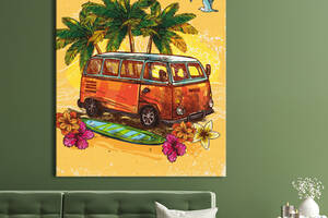 Картина KIL Art для интерьера в гостиную спальню Автомобиль - Яркий автобус у пальмы 50x38 см (P0425)