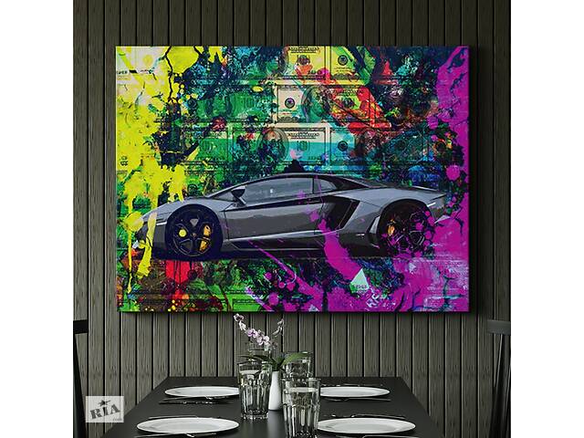 Картина KIL Art для интерьера в гостиную спальню Автомобиль - Ламборжини и деньги в красках 50x38 см (P0442)